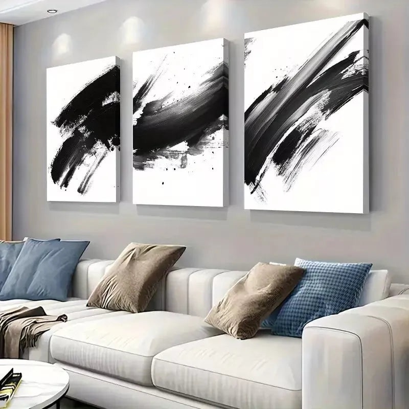 3pcs    Black and White Abstract Brushstroke   Art Set Canvas Framed 50x70cm -  High Quality Print 100% Australian Made Wall Canvas Ready to Hang