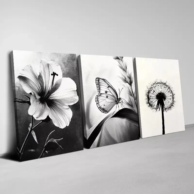 3pcs Black And White Flowers And Butterflies Wall Art Set Canvas Framed 50x70cm -  High Quality Print 100% Australian Made Wall Canvas Ready to Hang