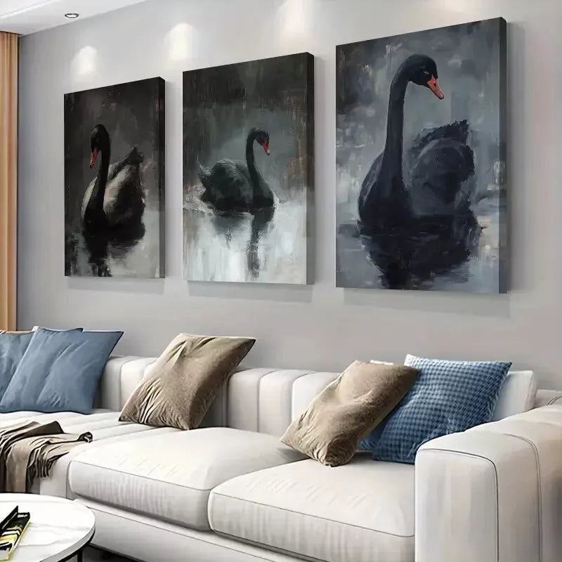 3pcs Black Swans Tranquil Lake Modern Style Art Set Canvas Framed 50x70cm -  High Quality Print 100% Australian Made Wall Canvas Ready to Hang