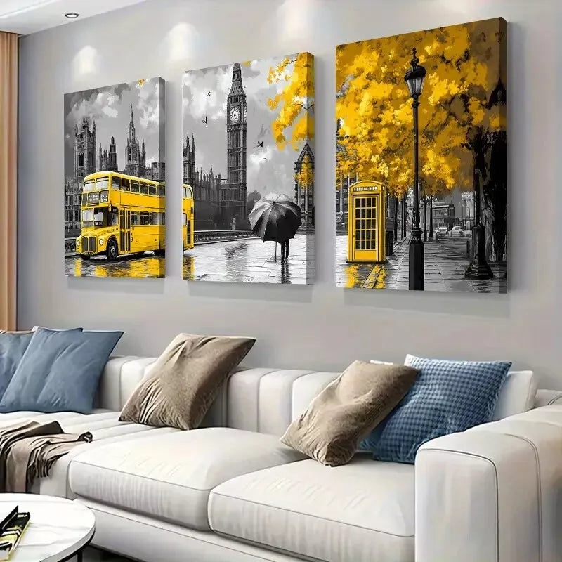 3pcs Bright Yellow on Black & White London City   Wall Art Set Canvas Framed 50x70cm -  High Quality Print 100% Australian Made Wall Canvas Ready to Hang