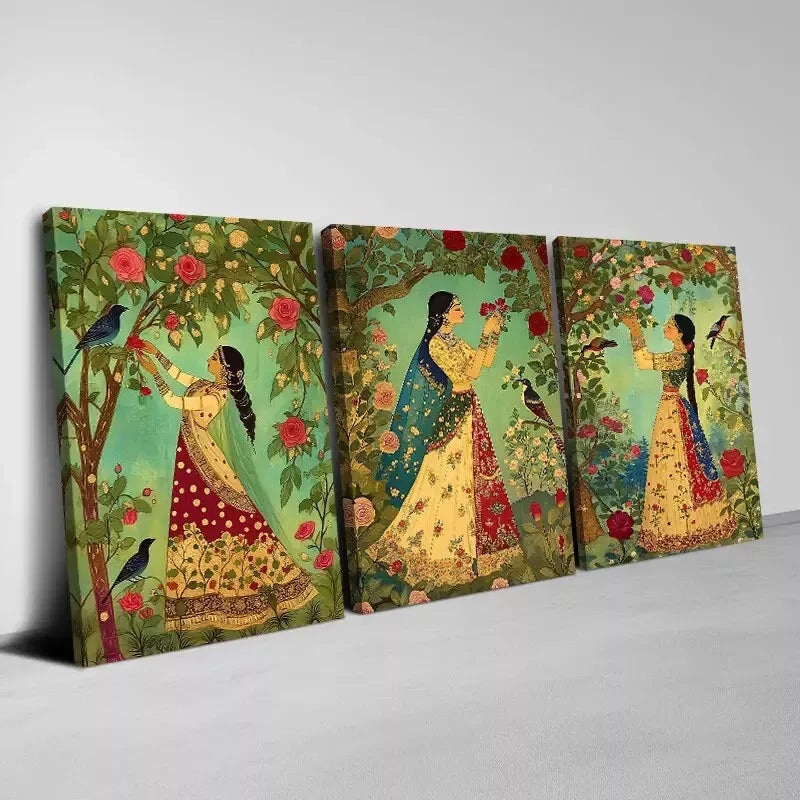 3pcs Charming Indian Women with Florals Painting Wall Art Set Canvas Framed 50x70cm -  High Quality Print 100% Australian Made Wall Canvas Ready to Hang