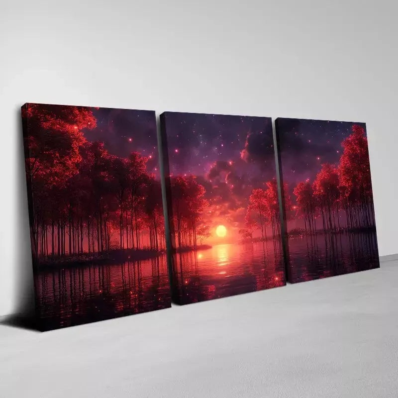 3pcs Charming Lake Red Trees with Sunset View Wall Art Set Canvas Framed 50x70cm -  High Quality Print 100% Australian Made Wall Canvas Ready to Hang