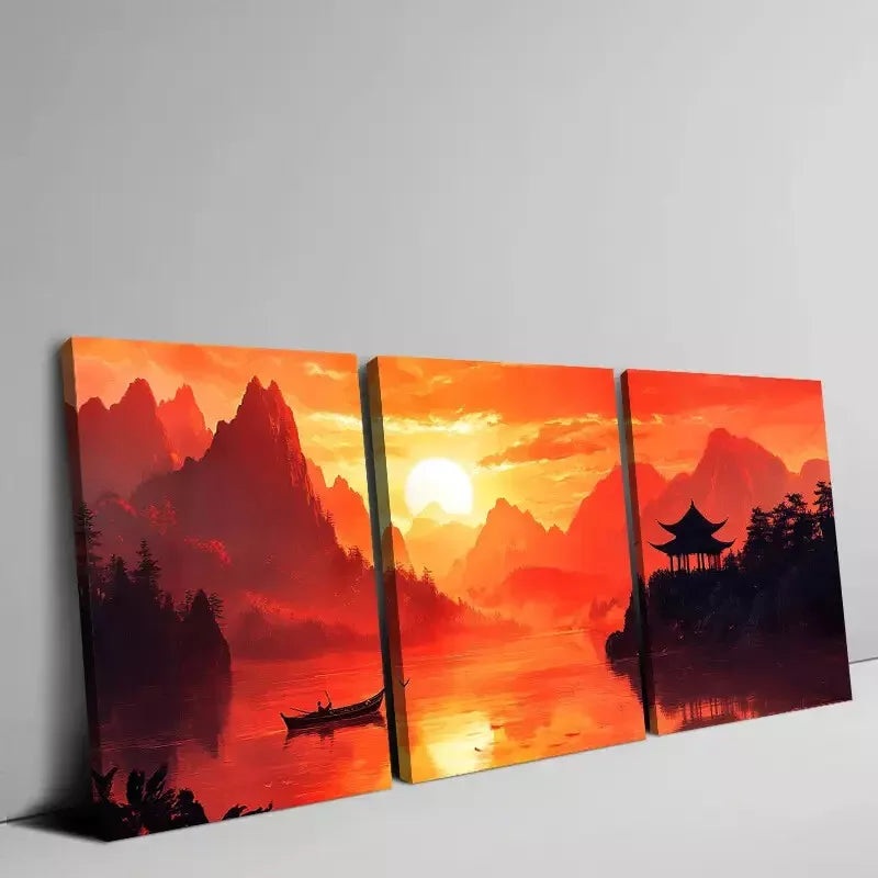 3pcs Chinese Landscape Sunset Mountains Rivers  Wall Art Set Canvas Framed 50x70cm -  High Quality Print 100% Australian Made Wall Canvas Ready to Hang