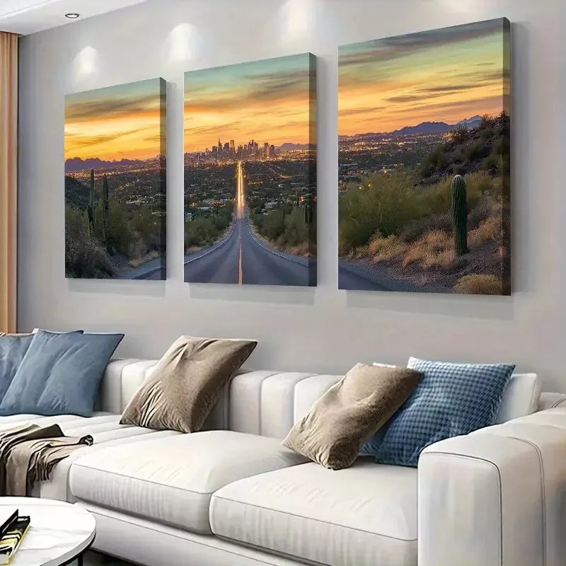 3pcs City Skyline Road Style SunsetArt Set Canvas Framed 50x70cm -  High Quality Print 100% Australian Made Wall Canvas Ready to Hang