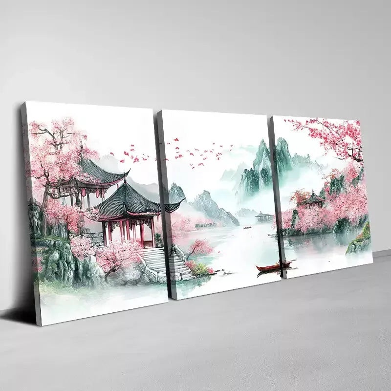 3pcs Colorful Landscape Pink Florals Painting Art Set Canvas Framed 50x70cm -  High Quality Print 100% Australian Made Wall Canvas Ready to Hang