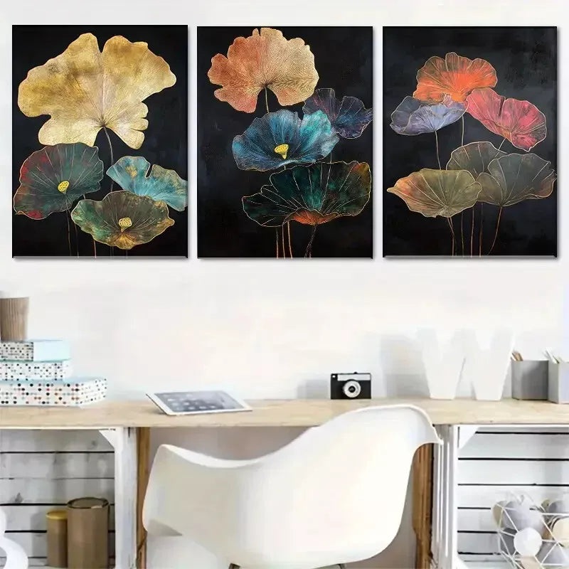 3pcs  Colorful Metallic Design on Black Flowers Art Set Canvas Framed 50x70cm -  High Quality Print 100% Australian Made Wall Canvas Ready to Hang