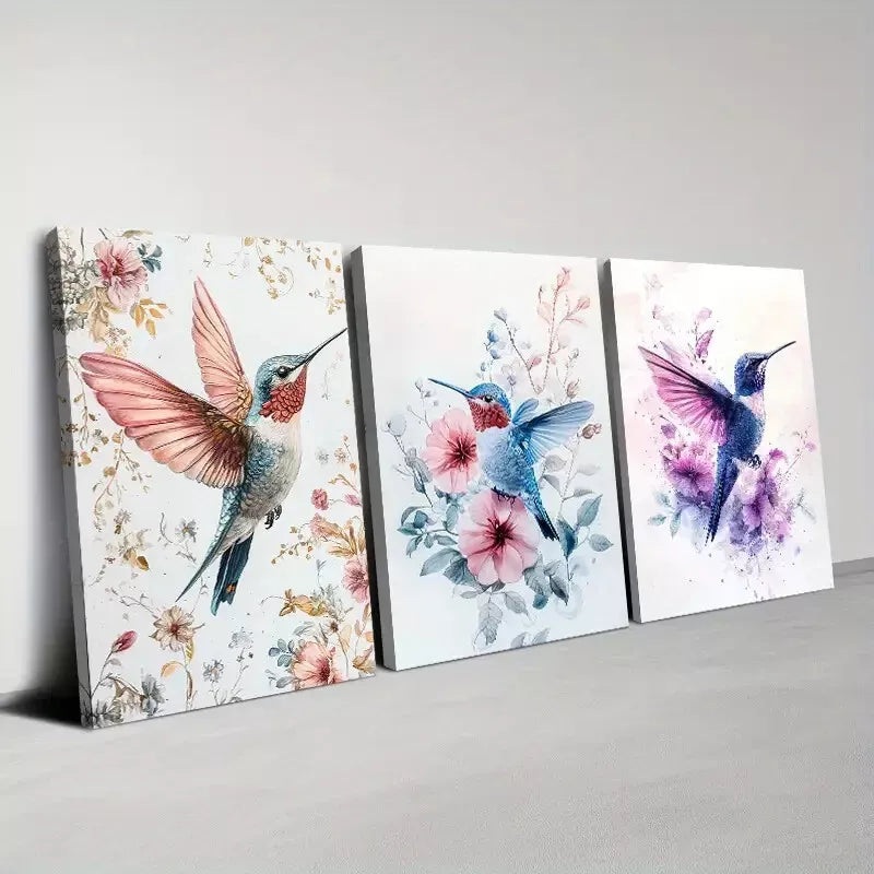 3pcs Colorful Plants And Hummingbird Flying    Art Set Canvas Framed 50x70cm -  High Quality Print 100% Australian Made Wall Canvas Ready to Hang