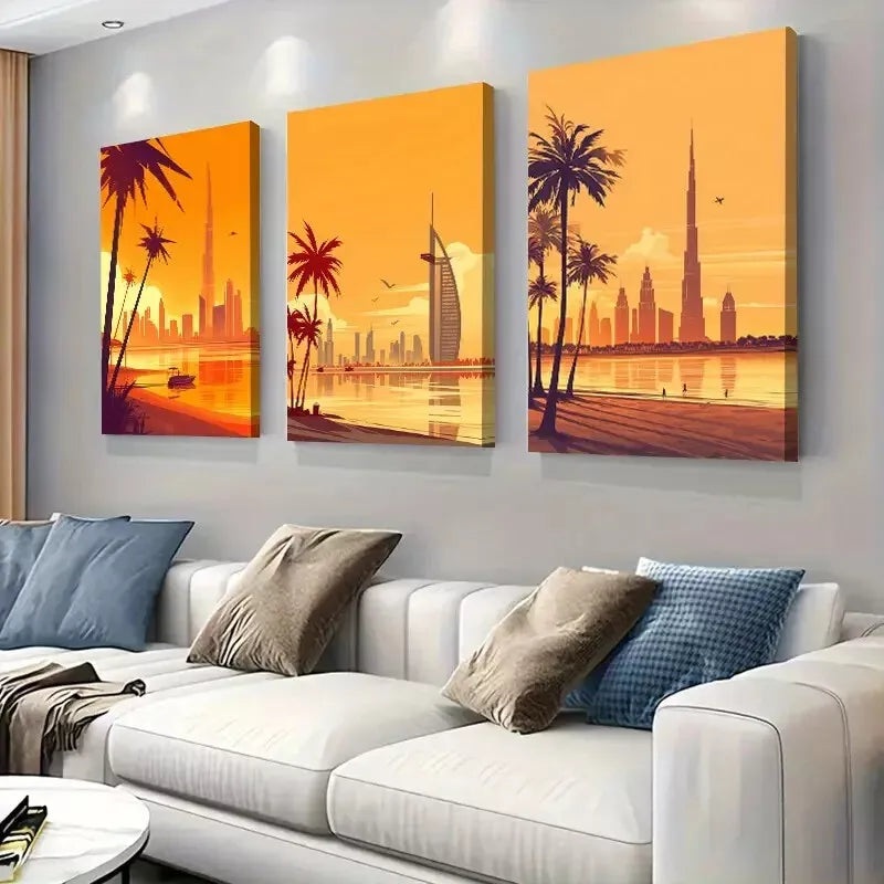 3pcs  Dubai Rusty Skyline Painting   Art Set Canvas Framed 50x70cm -  High Quality Print 100% Australian Made Wall Canvas Ready to Hang