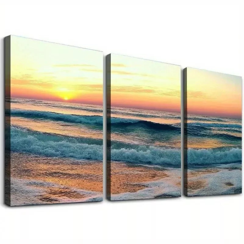 3pcs Elegant Ocean Sunrise View above Sea Waves Wall Art Set Canvas Framed 50x70cm - High Quality Print 100% Australian Made Wall Canvas Ready to Hang