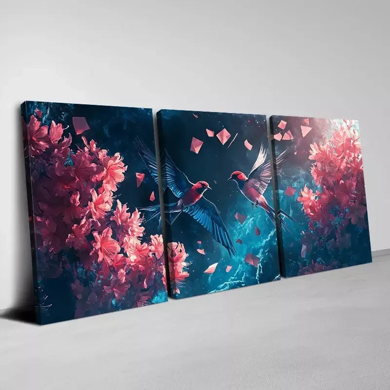 3pcs Elegant Swallows with Modern Pink Florals Wall Art Set Canvas Framed 50x70cm -  High Quality Print 100% Australian Made Wall Canvas Ready to Hang