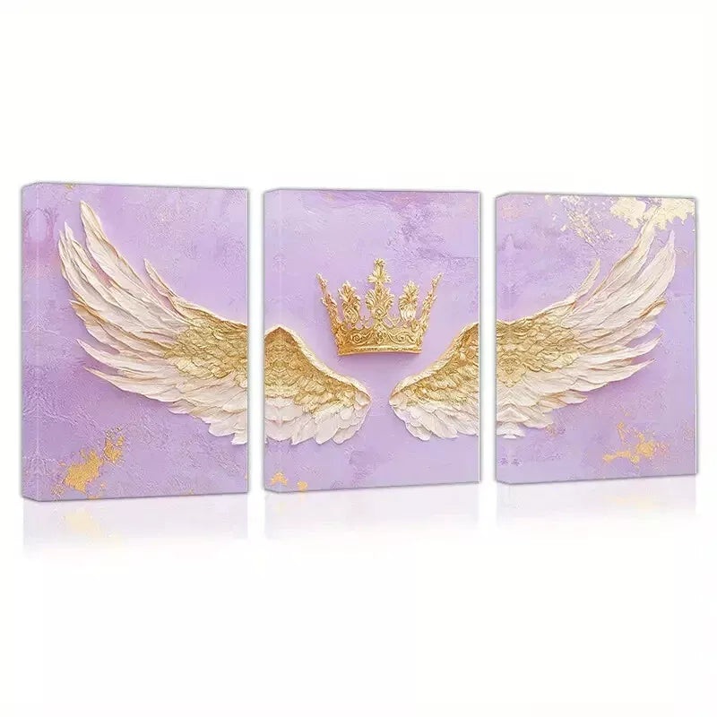 3pcs  Elegant Wing and Crown with Pink Background Wall Art Set Canvas Framed 50x70cm -  High Quality Print 100% Australian Made Wall Canvas Ready to Hang