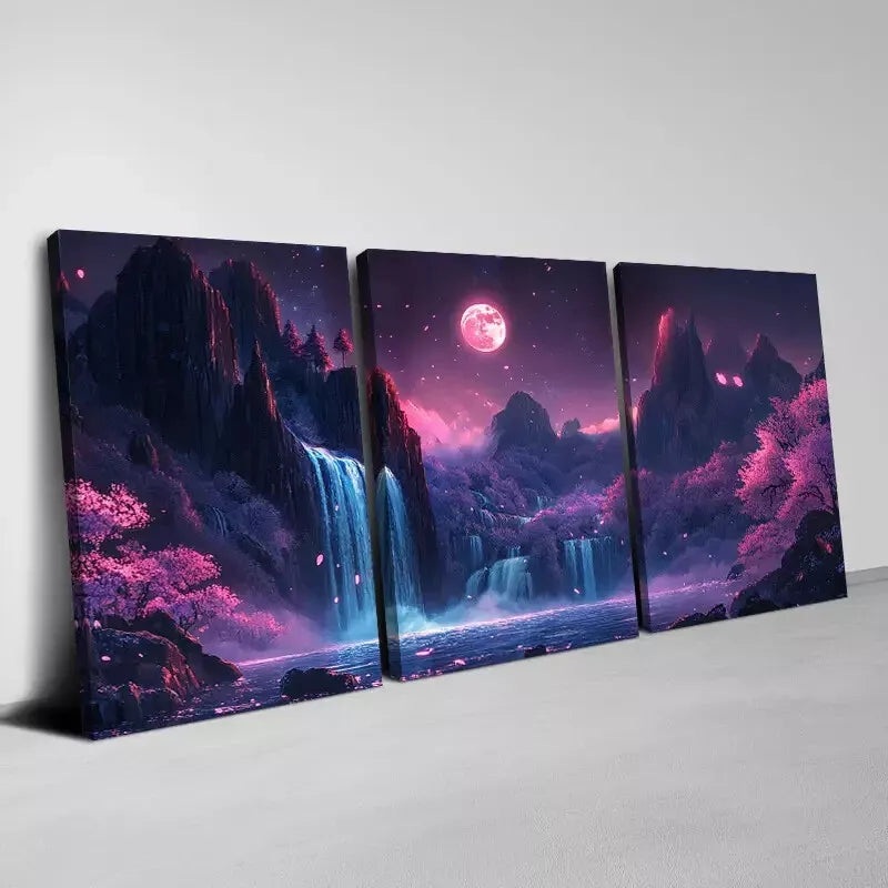 3pcs Enchanting Cherry Blossoms And Waterfalls Wall Art Set Canvas Framed 50x70cm - High Quality Print 100% Australian Made Wall Canvas Ready to Hang