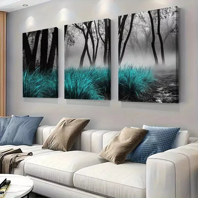 3pcs Enchanting Misty Forest with Teal Grass Art Set Canvas Framed 50x70cm -  High Quality Print 100% Australian Made Wall Canvas Ready to Hang