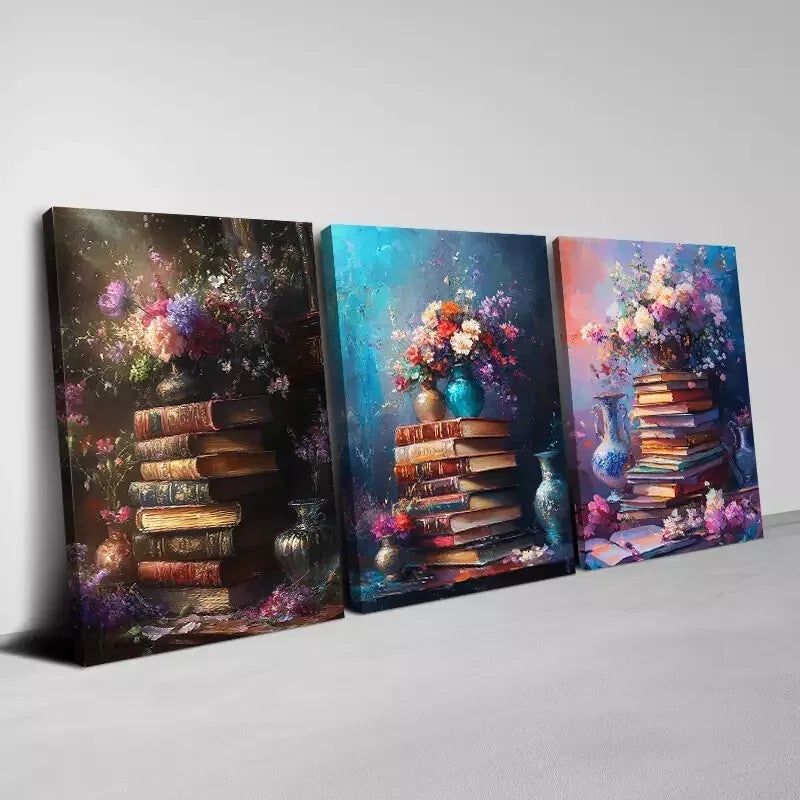 3pcs  Enchanting & Vintage Floral and Old Books Wall Art Set Canvas Framed 50x70cm -  High Quality Print 100% Australian Made Wall Canvas Ready to Hang