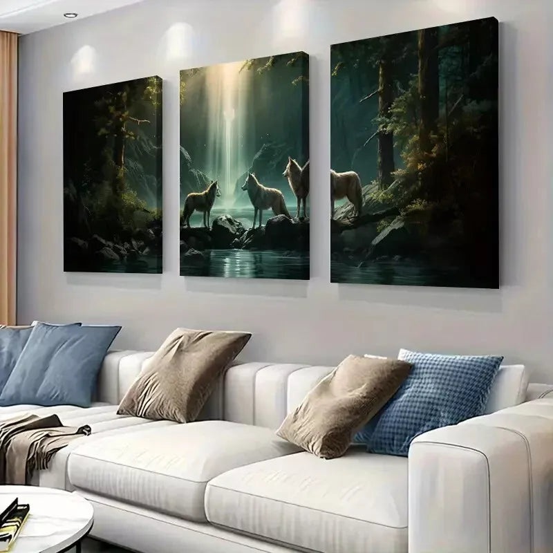 3pcs  Enchanting Wolf and Waterfall Forest   Art Set Canvas Framed 50x70cm -  High Quality Print 100% Australian Made Wall Canvas Ready to Hang