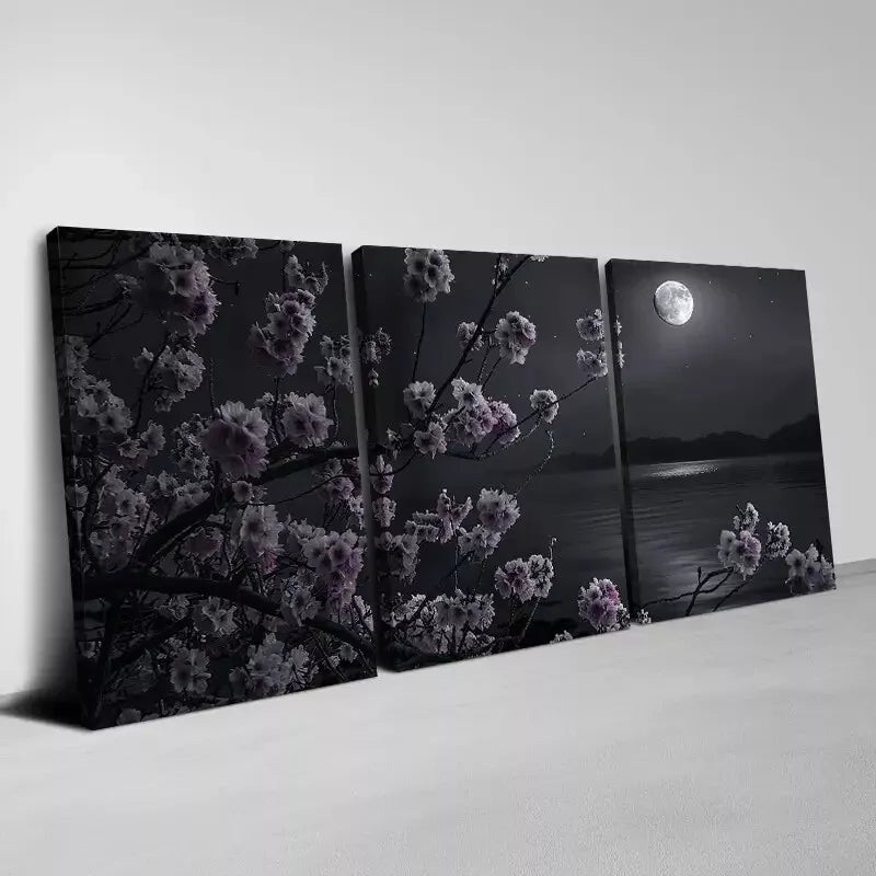3pcs  Floral Bliss by the Lake & Moon View Wall Art Set Canvas Framed 50x70cm -  High Quality Print 100% Australian Made Wall Canvas Ready to Hang