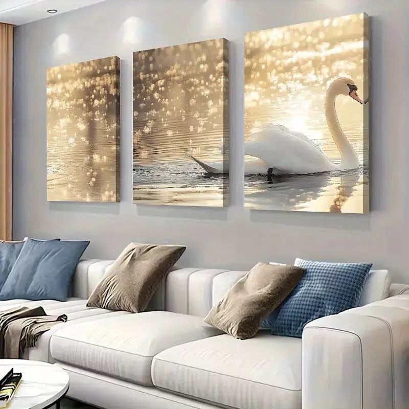 3pcs Golden Swan Magical Sunset Lake  Wall Art Set Canvas Framed 50x70cm -  High Quality Print 100% Australian Made Wall Canvas Ready to Hang