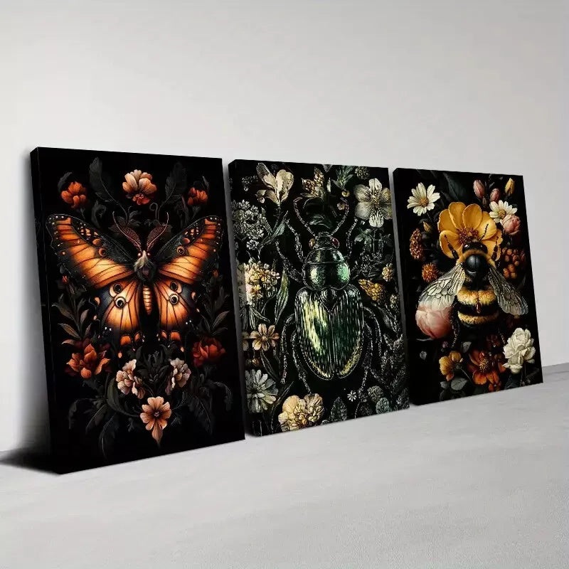 3pcs  Gothic Insects And Plants with Florals Wall Art Set Canvas Framed 50x70cm -  High Quality Print 100% Australian Made Wall Canvas Ready to Hang