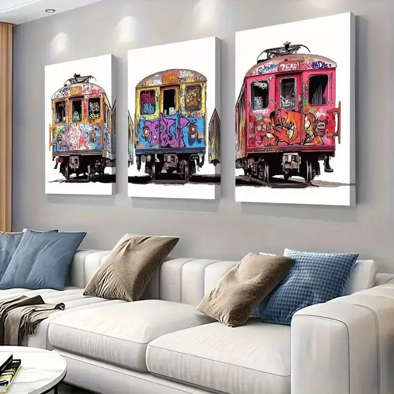 3pcs Graffiti Covered Tram Urban Street Style Art Set Canvas Framed 50x70cm -  High Quality Print 100% Australian Made Wall Canvas Ready to Hang