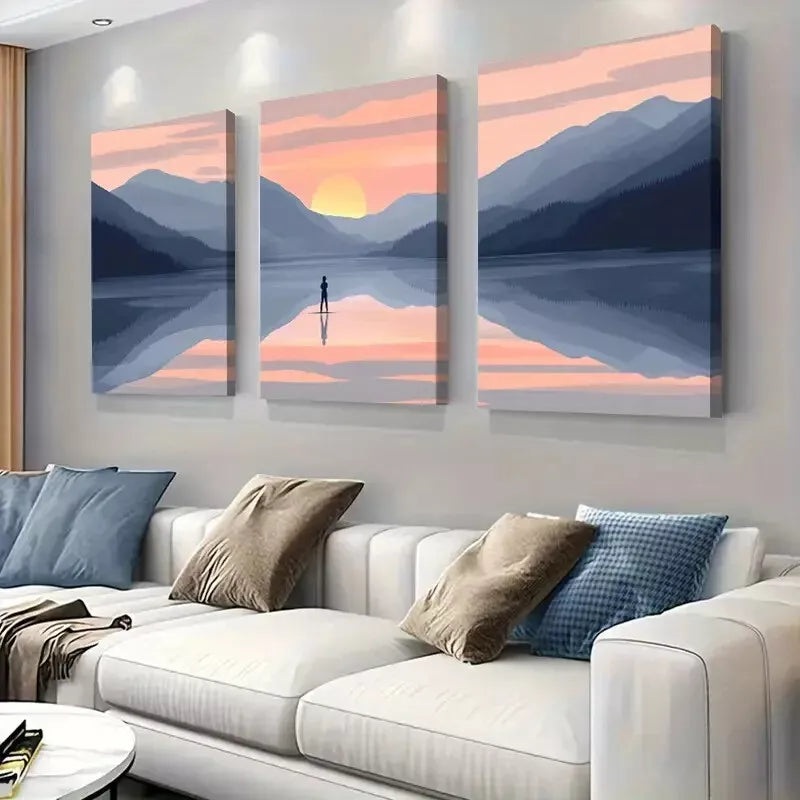 3pcs Lakeside at Dusk Modern Mountain Painting Wall  Art Set Canvas Framed 50x70cm -  High Quality Print 100% Australian Made Wall Canvas Ready to Hang