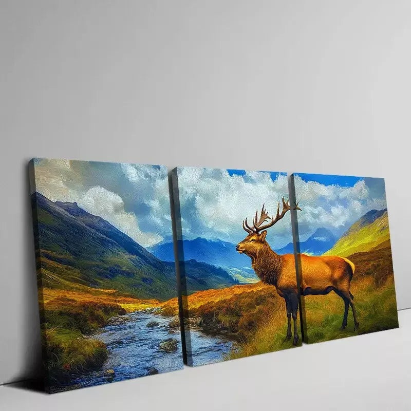 3pcs Majestic Stag Stream in Scottish Highlands Wall Art Set Canvas Framed 50x70cm -  High Quality Print 100% Australian Made Wall Canvas Ready to Hang