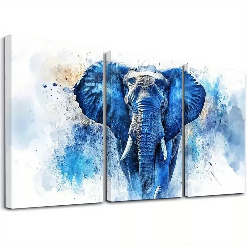 3pcs Majestic Watercolor Textured Blue Elephant Art Set Canvas Framed 50x70cm -  High Quality Print 100% Australian Made Wall Canvas Ready to Hang