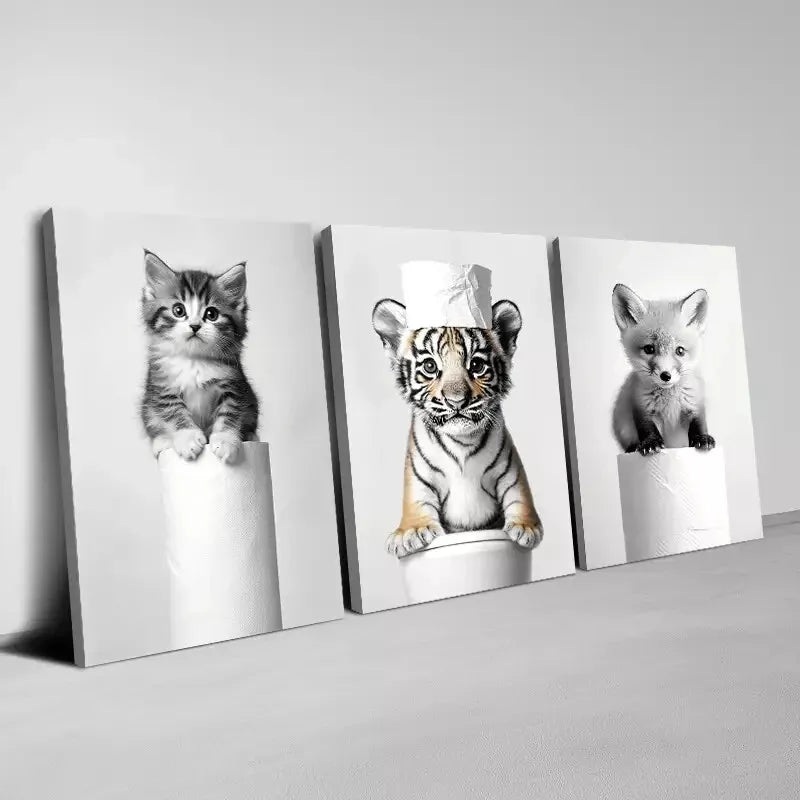 3pcs Minimalist Baby Animals Bathroom Wall Art Set Canvas Framed 50x70cm -  High Quality Print 100% Australian Made Wall Canvas Ready to Hang