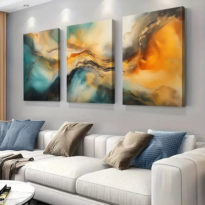 3pcs Modern Abstract Golden Blue  Art Set Canvas Framed 50x70cm -  High Quality Print 100% Australian Made Wall Canvas Ready to Hang
