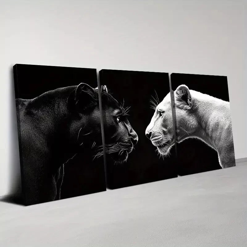3pcs Modern Black & White Young Lion And Leopard Wall Art Set Canvas Framed 50x70cm -  High Quality Print 100% Australian Made Wall Canvas Ready to Hang