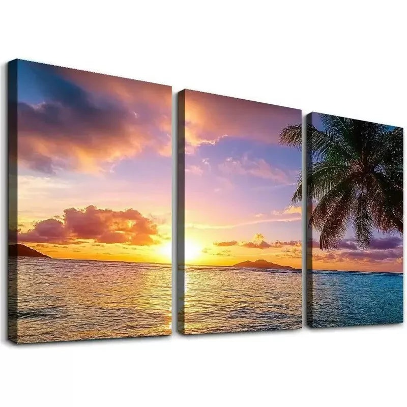 3pcs Modern Simple Seascape Sunset Aesthetic Wall Art Set Canvas Framed 50x70cm - High Quality Print 100% Australian Made Wall Canvas Ready to Hang