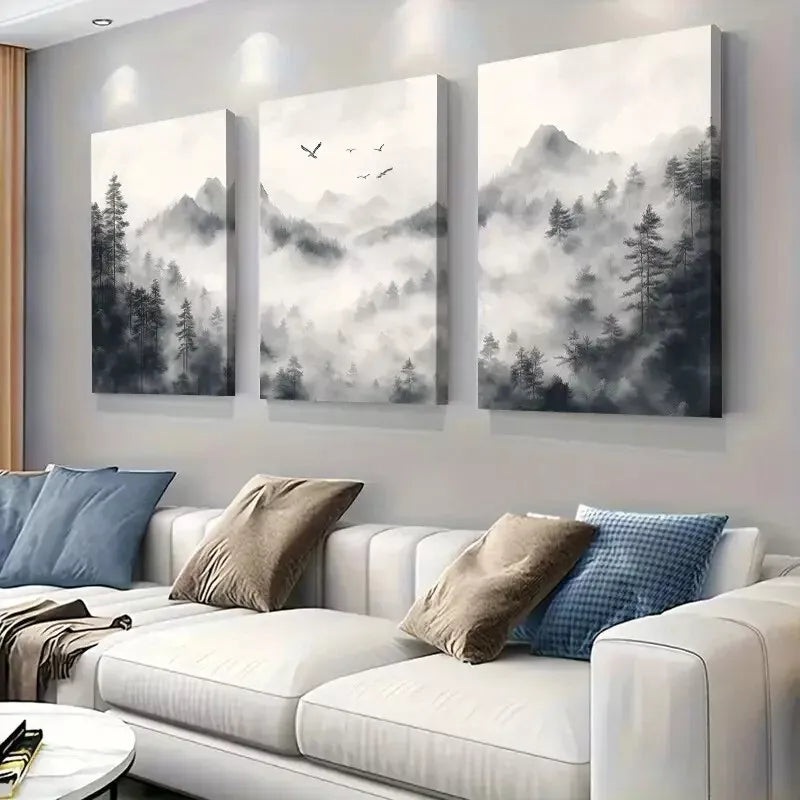3pcs    Monochrome Forest Misty Art Set Canvas Framed 50x70cm -  High Quality Print 100% Australian Made Wall Canvas Ready to Hang