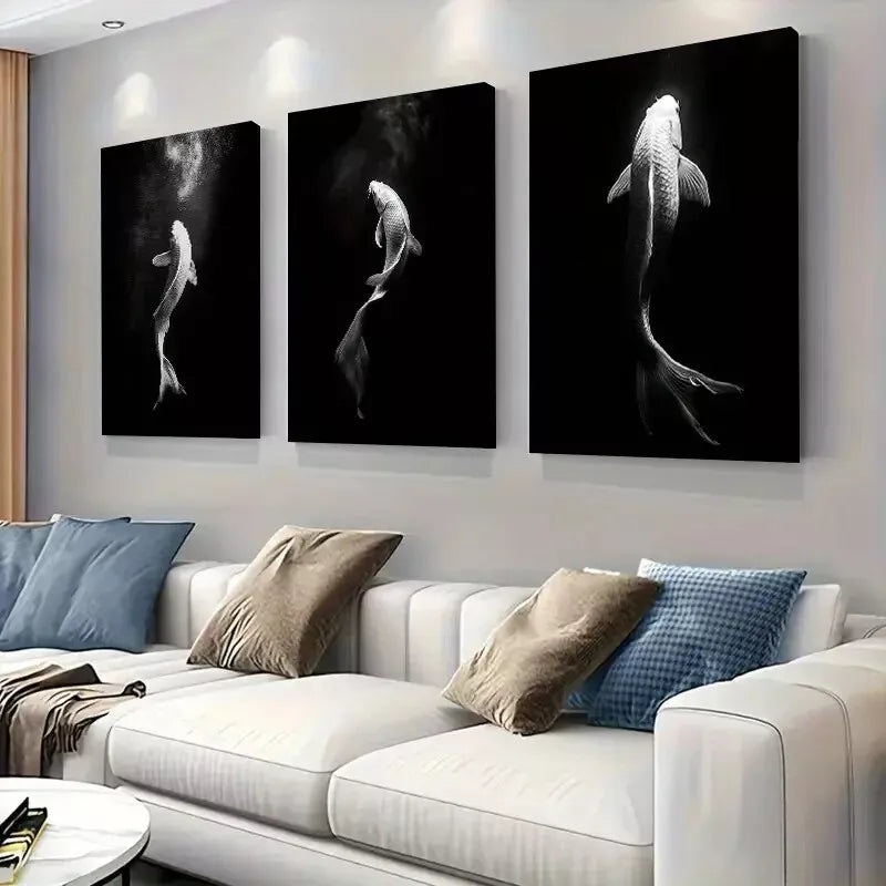 3pcs    Oriental Style Koi Fish Ink Style Modern    Art Set Canvas Framed 50x70cm -  High Quality Print 100% Australian Made Wall Canvas Ready to Hang