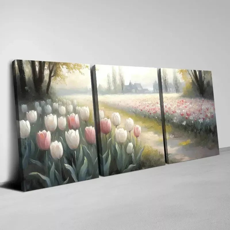 3pcs  Rare Tulips Field with Building Painting Wall Art Set Canvas Framed 50x70cm -  High Quality Print 100% Australian Made Wall Canvas Ready to Hang