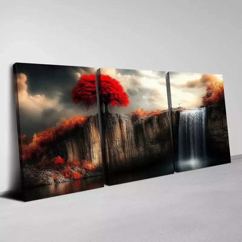 3pcs  Red Tree On The Cliff with Waterfall Wall Art Set Canvas Framed 50x70cm -  High Quality Print 100% Australian Made Wall Canvas Ready to Hang