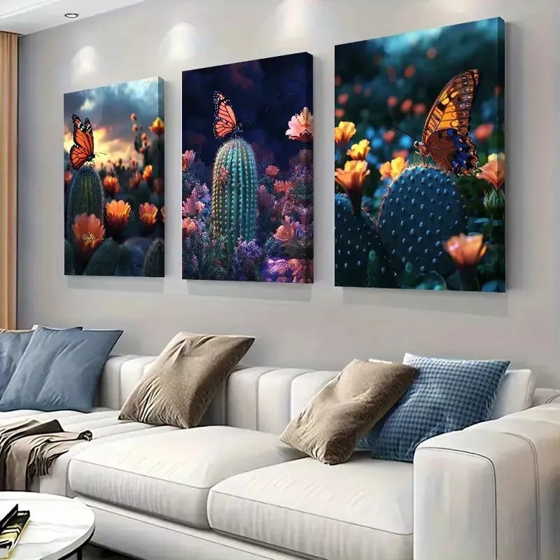 3pcs  Romantic Desert Sea of Cactus Flowers Art Set Canvas Framed 50x70cm -  High Quality Print 100% Australian Made Wall Canvas Ready to Hang
