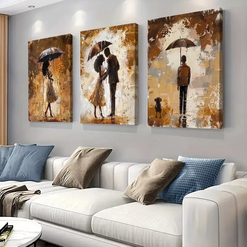 3pcs  Romantic Rainy Day Scenes with Couples Art Set Canvas Framed 50x70cm -  High Quality Print 100% Australian Made Wall Canvas Ready to Hang