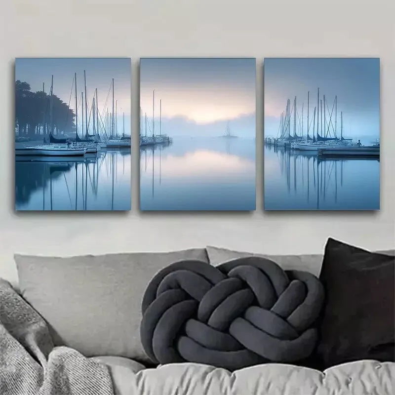 3pcs   Serene Sailing Boats in Misty Morning  Art Set Canvas Framed 50x70cm -  High Quality Print 100% Australian Made Wall Canvas Ready to Hang