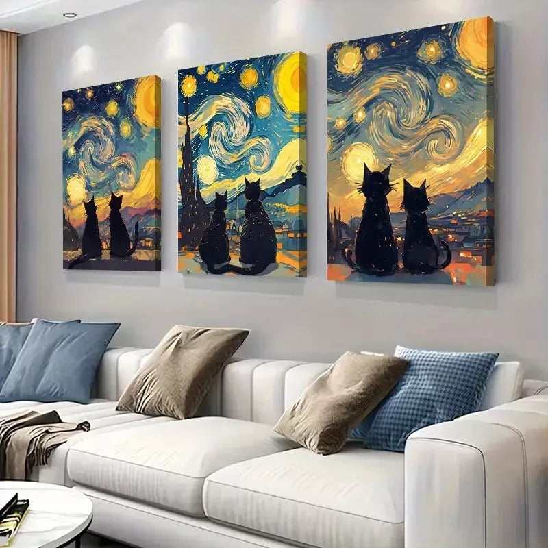 3pcs    Starry Cats' Night-time View  Art Set Canvas Framed 50x70cm -  High Quality Print 100% Australian Made Wall Canvas Ready to Hang