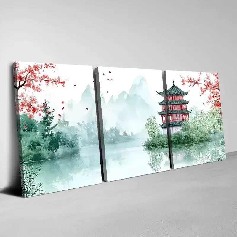 3pcs  Traditional Chinese Landscape with Pagoda    Art Set Canvas Framed 50x70cm -  High Quality Print 100% Australian Made Wall Canvas Ready to Hang
