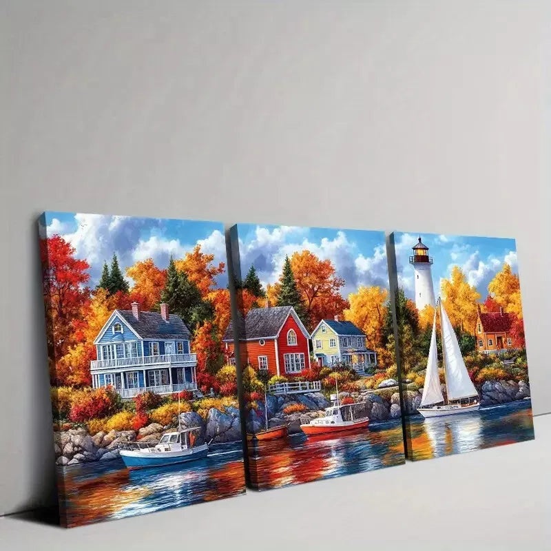 3pcs  Vibrant Harbour and Colourful Houses Boats Wall Art Set Canvas Framed 50x70cm -  High Quality Print 100% Australian Made Wall Canvas Ready to Hang