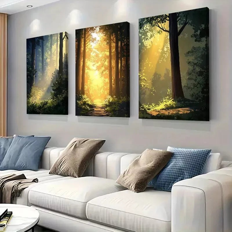 3pcs   Warm Light Forest Lush Greenery under Sun Art Set Canvas Framed 50x70cm -  High Quality Print 100% Australian Made Wall Canvas Ready to Hang