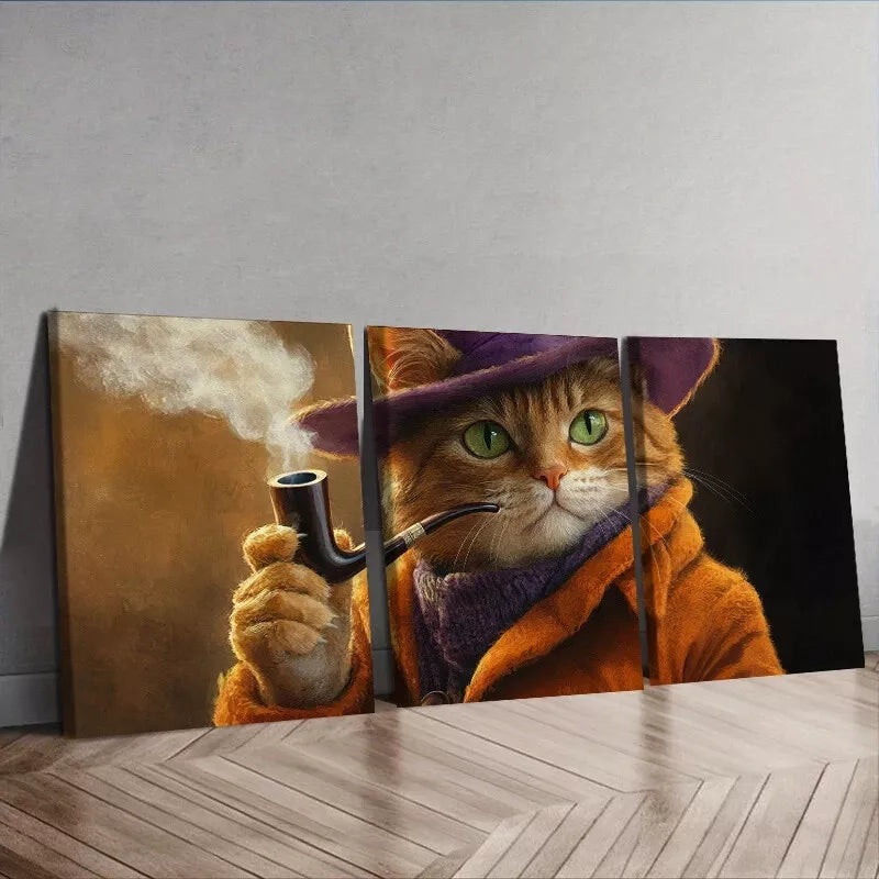 3pcs  A Cat With A Pipe Smoke Orange Cat Wall Art Set Canvas Framed 50x70cm -  High Quality Print 100% Australian Made Wall Canvas Ready to Hang