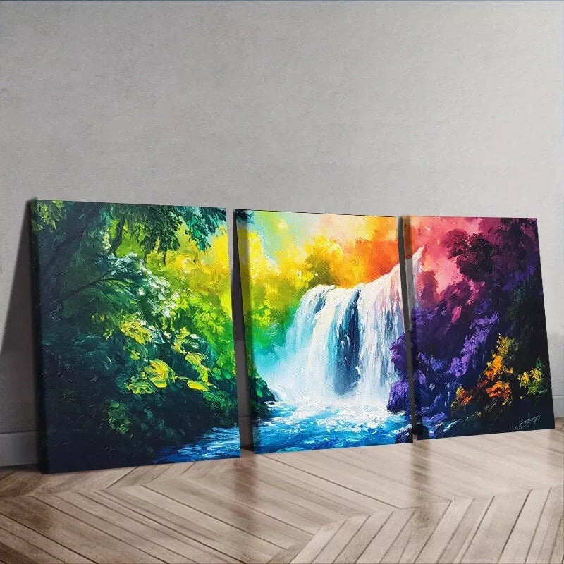 3pcs A Waterfall In The Forest Nature Wall Art Set Canvas Framed 50x70cm -  High Quality Print 100% Australian Made Wall Canvas Ready to Hang