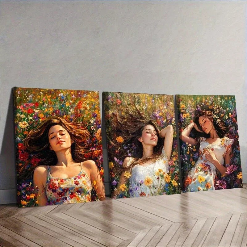 3pcs A Woman Surrounded By Vibrant Flowers Art Set Canvas Framed 50x70cm -  High Quality Print 100% Australian Made Wall Canvas Ready to Hang
