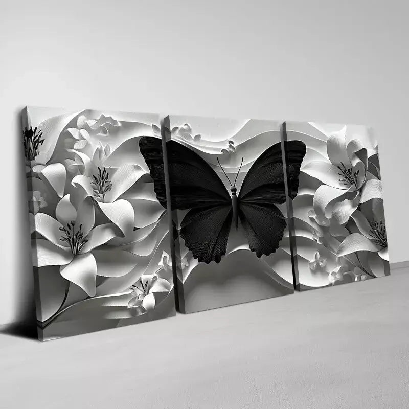 3pcs  Abstract Dark Butterfly with White Florals Wall Art Set Canvas Framed 50x70cm -  High Quality Print 100% Australian Made Wall Canvas Ready to Hang