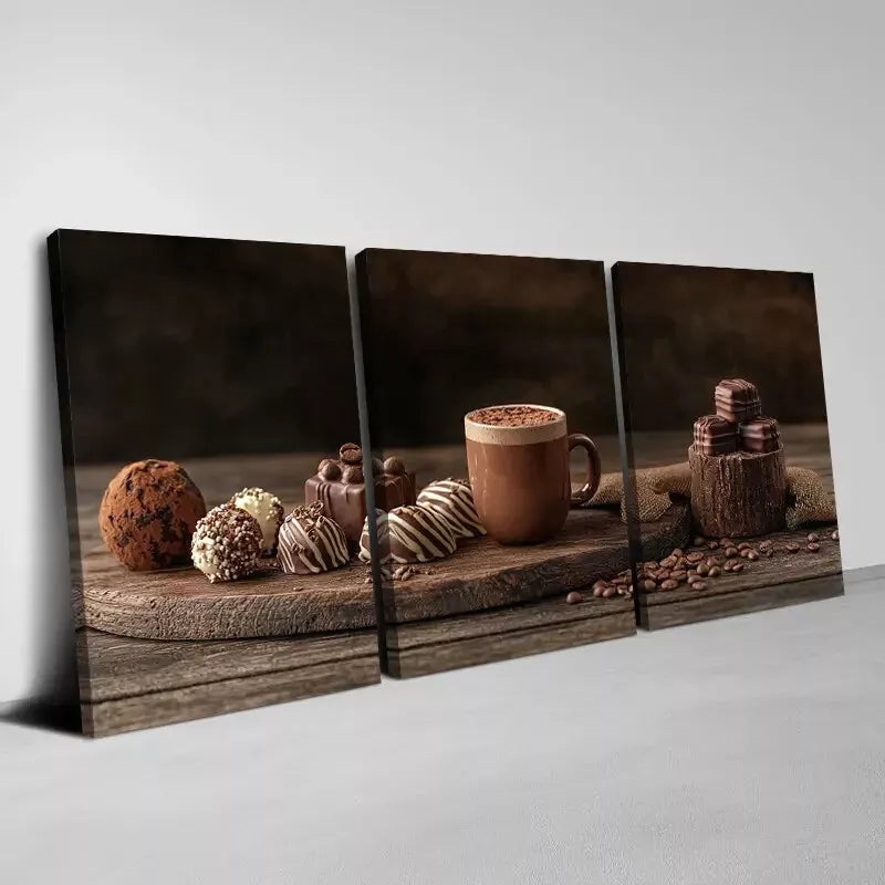 3pcs  Abstract Delicious Chocolates & Coffee Wall Art Set Canvas Framed 50x70cm -  High Quality Print 100% Australian Made Wall Canvas Ready to Hang