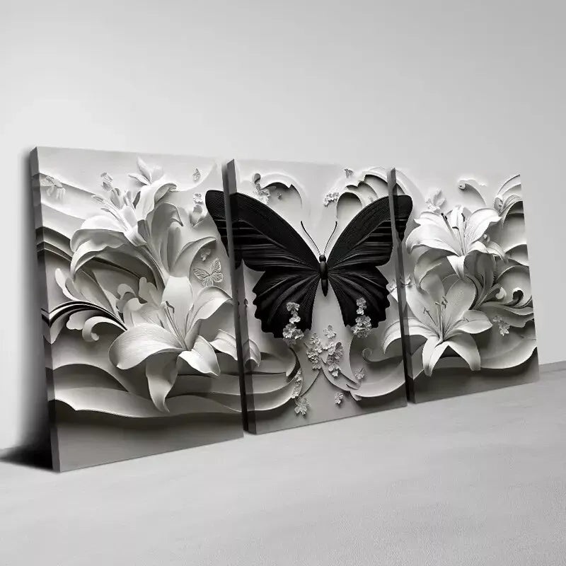 3pcs  Abstract Free Butterfly with White Florals Wall Art Set Canvas Framed 50x70cm -  High Quality Print 100% Australian Made Wall Canvas Ready to Hang