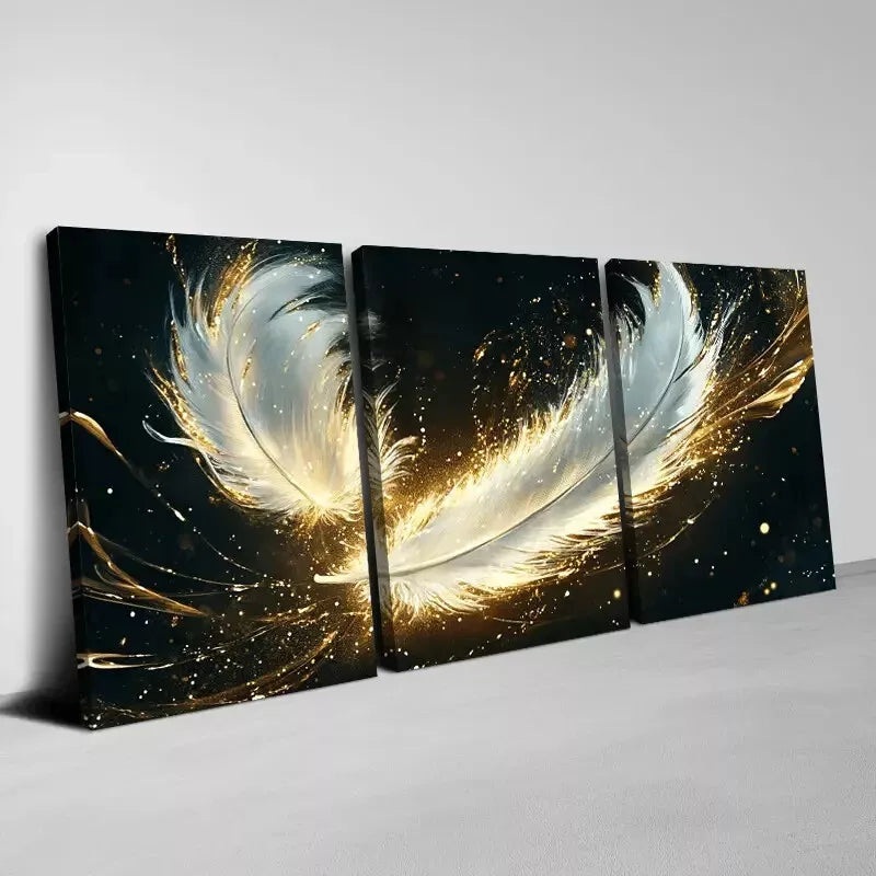 3pcs  Abstract Golden Feathers Dark Background Wall Art Set Canvas Framed 50x70cm -  High Quality Print 100% Australian Made Wall Canvas Ready to Hang