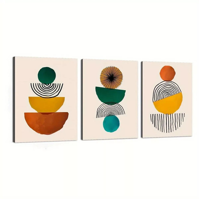 3pcs Abstract Mid-Century Modern Geometric  Wall Art Set Canvas Framed 50x70cm -  High Quality Print 100% Australian Made Wall Canvas Ready to Hang