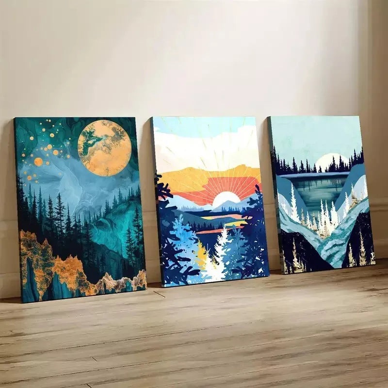 3pcs Abstract Modern River Vista With Trees Art Set Canvas Framed 50x70cm -  High Quality Print 100% Australian Made Wall Canvas Ready to Hang
